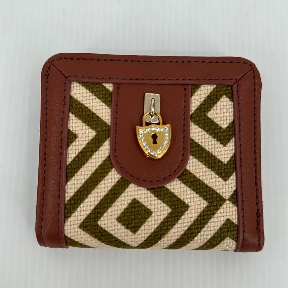 Spartina Linen & Leather Small Green & White Women’s Wallet Cute Rhinestone Lock